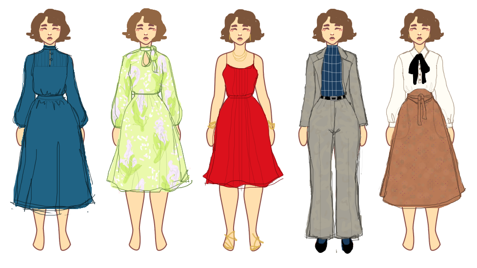 messy digital sketch of several items of clothing on copy-pasted models: a petrol-blue bishop-sleeved dress, a light green floral dress with bow collar, a red spaghetti-strap dress with front pleat detail, a grey pantsuit with black belt and Prussian blue/white-check turtleneck sweater, brown wrap skirt with white button-up blouse and loose black bow tie